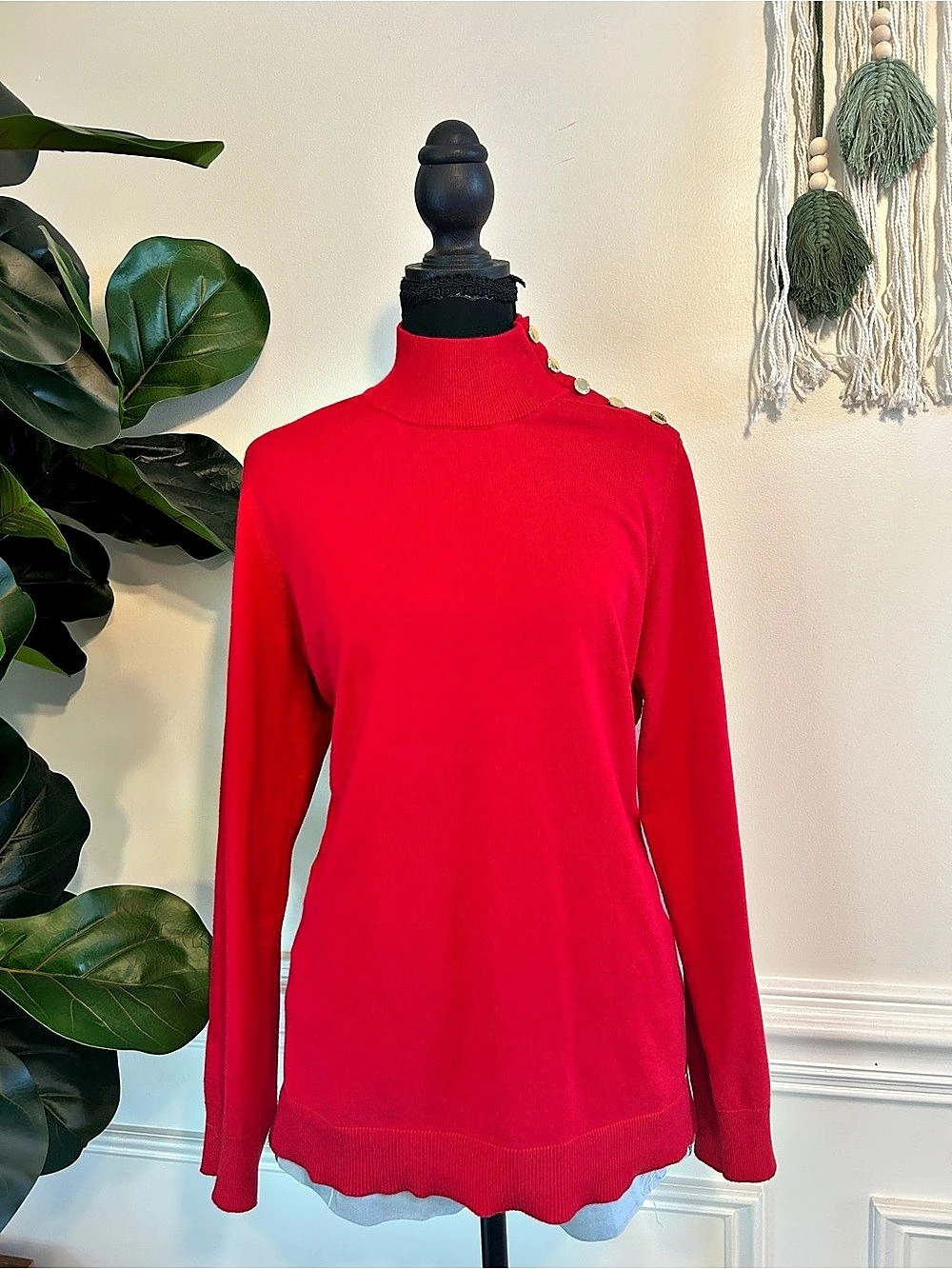 Calvin Klein Gold Button Shoulder Mock Neck Sweater
